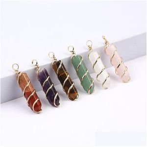 Charms Gold Wire Wrap Natural Stone Green Pillar Shape Chakra Pendants For Jewelry Making Wholesale Handmade Craft Bk Drop D Dhgarden Dh163