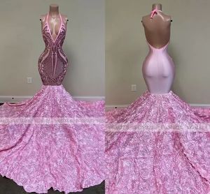 Pink Long Prom Dresses Mermaid Black Girls Sequin Sexig backless grimma 3D Flowers African Women Formal Evening Party Gowns BC15100