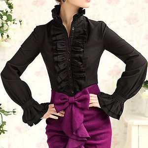 Elegant Victorian Flounce Blouse for Women - Office Lady Style, High Neck with Frilly Ruffle Cuffs