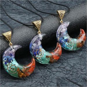 Pendant Necklaces Crescent 7 Chakras Orgonite Stone Necklace Moon Shape Healing Energy Natural Orgone Crystal Pendum Lucky O Dhgarden Dhzdu