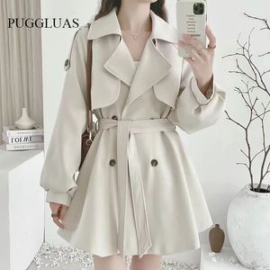 Mulheres Trench Coats Coreano Chic Preto Lapela Dupla Breasted Lace Up Cintura Lanterna Manga Branco Windbreaker Casaco Feminino Moda Overcoat Jacket 230203