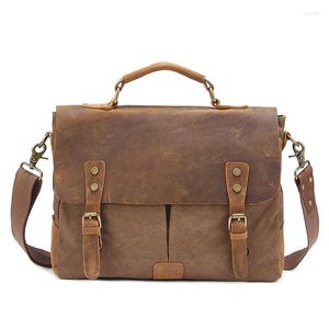 Kvällspåsar Herrmästare Vintage Crazy Horse Leather Canvas Business Handväskor Högkvalitativ Cowskin Hand Male Retro Cross Body