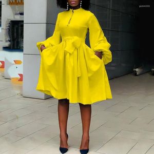 Casual Dresses 2023 Summer Plus Size Dress Yellow High midja A-Line Fashion Elegant Solid Color Lantern Sleeve Tutu kjol