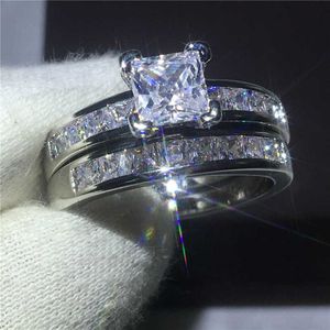 Solitaire Ring 2022 Princess Cut Lab Diamond Set White Gold Filled Party Wedding band s for Women Bridal sets Promise Jewelry Gift Y2302
