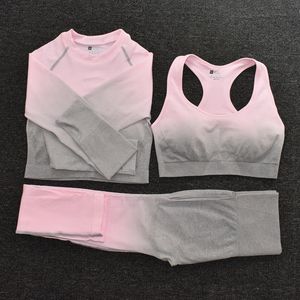 Yoga Outfit Ombre Women Set Seamless Leggings Long Sleeve Crop Top Sports Bra Running Pants Gym Clothing Fitness Workout Suit 230203