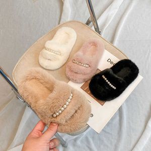 Slipper Girls Furry Fashion Beading Home Slippers зимние теплые хлопковые анти-скользкие повседневные девочки для девочек Slip-on Children Flats 0203