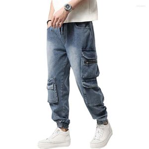 Erkek kot pantolon hip-hop artı beden denim pantolon gevşek harem pantolon büyük çizim çok cepli bağcıklı