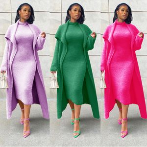 Two Piece Dress Autumn and Winter Slim Double-sided Velvet Belt Dress Cardigan Loose Long Coat Two-piece Set