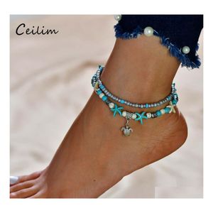 Gliederkette Schildkröte Anhänger Fußkettchen Perlen Armbänder Seestern für Frauen Antik Silber Farbe Vintage Sandal Statement Armband Fuß Bein Ot7Dg