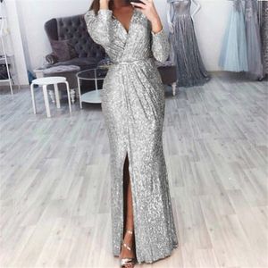 Casual Dresses Plus Size Women Dress V Neck golvlängd långärmad lårhög slits paljett sjöjungfrun storlek kväll klänningar dam elegant 230203