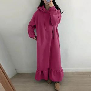 Casual Dresses Women Maxi Sweatshirt Dress Hooded Fleeced Solid Color Loose Sundress Autumn Winter Ruffles Long Hoodie Streetwear Robe