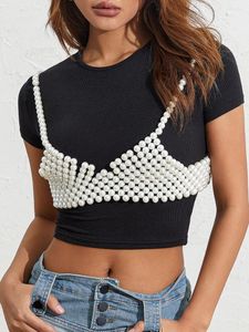 Damen-Tanktops, modisches Damen-Unterhemd mit Kunstperlen, schlanke, handbesetzte Weste, einfarbig, abgeschnittene Tanktops mit Ausschnitt