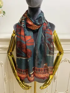 Women's long scarf scarves 100% silk material thin and soft pint horse head pattern size 180cm - 65cm