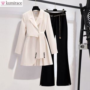 Womens Two Piece Pants Autumn long sleeved trousers Lapel Leisure suit elegant button belt decorative womens coat pants twopiece set 230202