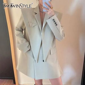 Womens Suits Blazers TWOTWINSTYLE Solid Color Shoulder Pads Blazer For Women Long Sleeves Patchwork Irregular Female Spring Fashion 230202