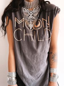 Women's T-Shirt Summer Side Slit Women T Shirts Moon Child Print Drop-shoulder Vintage Tee Shirt Female Short Sleeve Tops Streetwear 230203