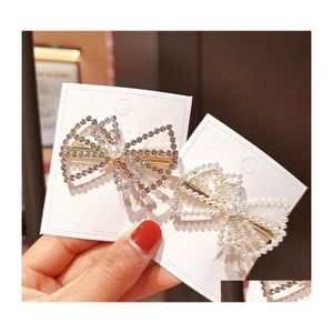 Haarspangen Haarspangen Modeschmuck Hollow Out Bowknot Haarnadel für Frauen Retro Faux Perle Strass Clip Entenschnabel Bobby Pin Lad Dhecj