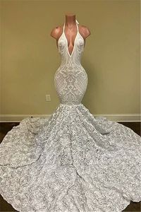 Gorgeous White Lace prom Dresses with 3D Flowers Sexy Halter neck Backless Ruched Long Evening Gowns BC15020