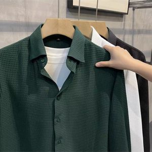 Men's Single row button shirt long sleeve senior sense 2023 new Waffle ger spring and autumn Korean version retro slim shirt Fast Ship B0001