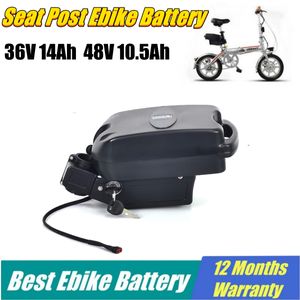 48V 10.5Ah Seat Post Li-ion Ebike Battery Pack 36V 10.4AH 12.8AH 14AH Electric Bike Replacement Batterier med BMS och laddare