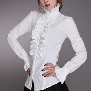 Womens Blouses Shirts Fashion Victorian Women OL Office Ladies White Shirt High Neck Frilly Ruffle Cuffs Female Autumn 230203