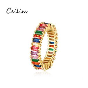 Cluster Rings Gold Filled Rainbow Square Engagement Ring For Women Colorf Cubic Zirconia Cz Eternity Band Fashion Wedding Party Jewe Otril