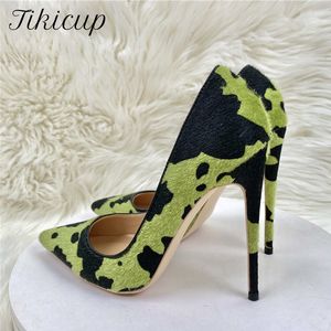 Отсуть обувь Tikicup Hairy Grafitti Pattern Женщины зеленые заостренные пальцы на высоком каблуке Уникальный дизайн сексуальный проскальзывание на насосах Stiletto плюс размером 33-45 230203