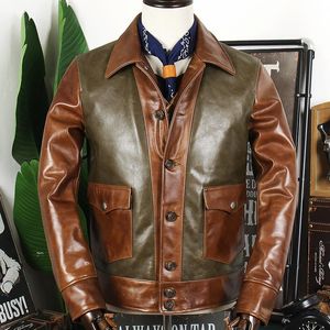 Men's Leather & Faux Splicing Head Layer Oil Wax Cowhide Coat Lapel Slim Locomotive British Jacket