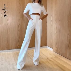 Womens Two Piece Pants Wefads Women Set Summer Fashion Round Neck Short Sleeve Solid Top Loose With Pockets Sets High Streetwear 230202