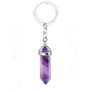 Nyckelringar Natural Stone Hexagonal Prism Keychains Healing Rose Crystal Car Decor Keyholder For Women Män Drop Delivery Jewelr Dhgarden Dhiib
