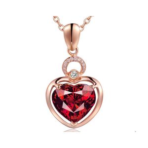 Pendant Necklaces Valentine Ladies Red Garnet Heart Crystal Necklace Luxury Girl Jewelry Chain Drop Delivery Pendants Dhvtr