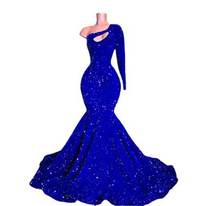 Long Sparkly Prom Dress One Shoulder Royal Blue Sequin Mermaid Style Black Girls Prom Party Gowns Real Picture BC14683