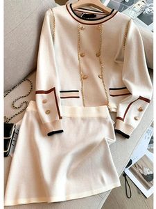 Work Dresses Elegant Knitted Two Piece Sweater Set Women's O Neck Contrast Long Sleeve Metal Chain Lion Buttons Pullover Top Mini Skirt Suit