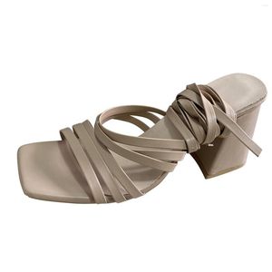 Sandals Ladies Fashion Solid Color Leather Square Head Ankle Strap Open Toe Thick High Heel Slide Women