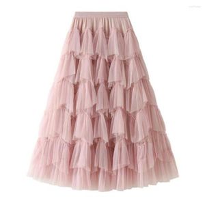 Skirts Pink Tutu Tulle Skirt Women Pleated Fashion Cake High Waist Long Kawaii Summer Casual Ladies Maxi