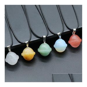 Pendant Necklaces Natural Stone Planet Handmade Craved Ufo Universe Shape Rock Healing Crystals Necklace Home Decoration Dro Dhgarden Dhylr