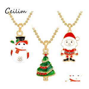 Pendant Necklaces Christmas Tree Necklace Rhinestone Enamel For Women Kids White Snowman Santa Claus Charms Gold Drop Delivery Jewel Otkea