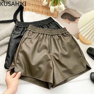 Women's Shorts KUSAHIKI PU Leather Elastic High Waist Wide Leg Women 2022 Autumn Winter New Bottoms Korean Causal Fashion Short Y2302