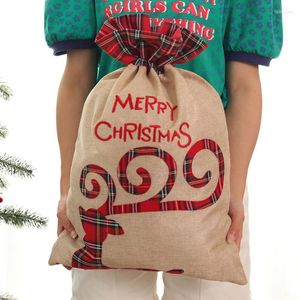 Christmas Decorations Large Candy Gift Big Bag Cute Linen Lattice Side Drawstring Pocket For Children