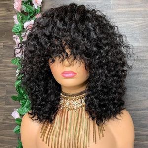 Afro Curly Peruka Brazylijska Remy Krótkie ludzkie peruki włosy z grzywką Pełna maszyna Make Deep Wave Blue Blue for Black Women