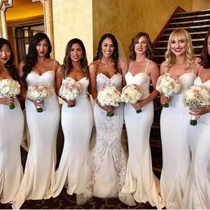 Beyaz spagetti kayışları saten denizkızı nedime elbiseler dantel süpürme treni düğün konuk misafirleri onur elbiseleri bc15053