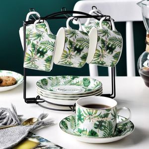 Чашки блюдцы Muzity Ceramic Tea Cup и блюдца Зеленый лист с фарфоровым держателем кофе с золотистыми краями