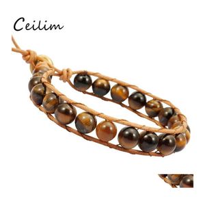 Beaded Strands Mens Tiger Eye Bead Bracelets Adjustable Natural Stone Beads Matte Onyx Braided Bracelet Bangles Yoga Leather Wrap W Otu7T