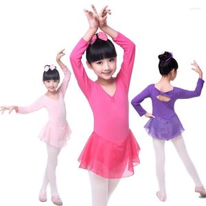 Scene Wear Kids Girls Long Sleeve Cotton Tulle Tutu Ballet Dance Leotard Dress For Performance Dancewear Clothes With Chiffon bundet kjol