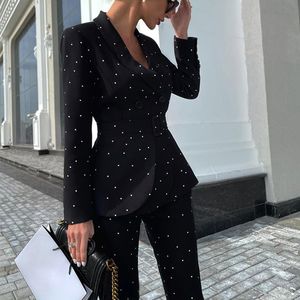 Womens Two Piece Pants Office Ladies Uit Polka Dots Business Classic DoubleBreasted Buttons Nine Blazer Set Formal Suits 230202