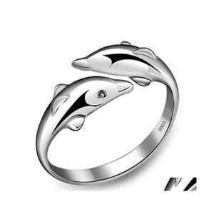 Band Rings Double Dolphin Love Open Ring Female Sier Drop Delivery Jewelry Dhqul