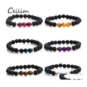 Beaded Strands 8Mm Designs Lava Rock Beads Charms Bracelets Essential Oil Diffuser Elastic Natural Stone Beaded For Men Tiger Eye C Otwpb