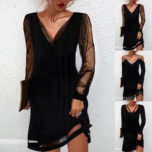 Casual Dresses Women's Dress Sexig V-ringning Lace Mesh Patchwork långärmad mini Autumn Elegant Solid Color Loose Party Robe 2023