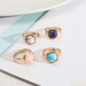 Solitaire Ring Rose Quartz Gem Fashion Turquoise Stone Howlites Rings Gold Color Fing Fing For Women smycken Parry Gift Drop de Dhgarden Dhq7h