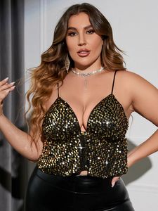 Women's Plus Size T-Shirt Plus Size Sexy Crop Tops Women Fashion Deep V Neck Sequined Glitter Night Club Strap Tops for Party Slip Tank Tops 230203